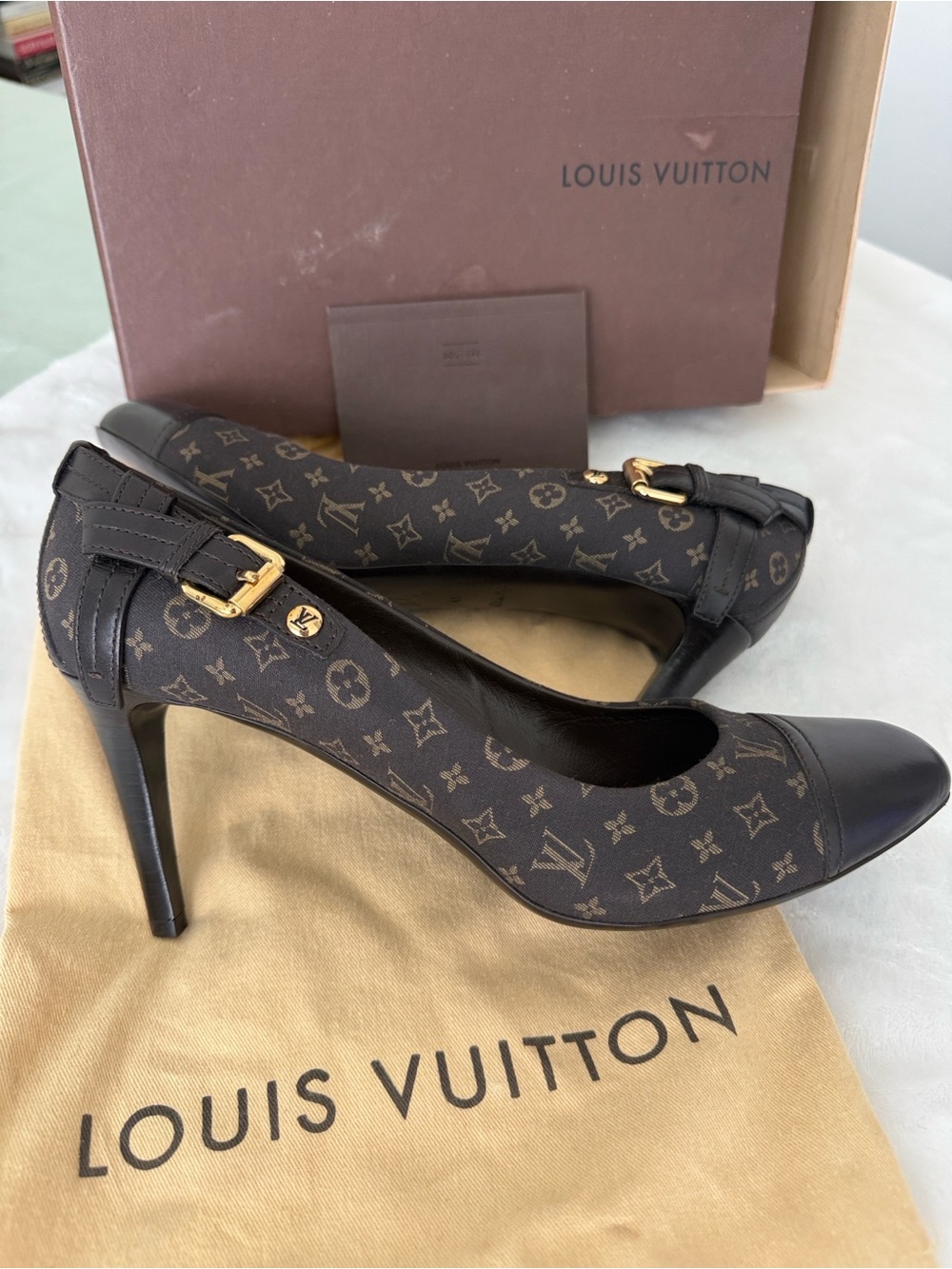 Louis Vuitton Brown Monogram Pointed Toe Heels with Gold Buckle - Picture 3 of 7